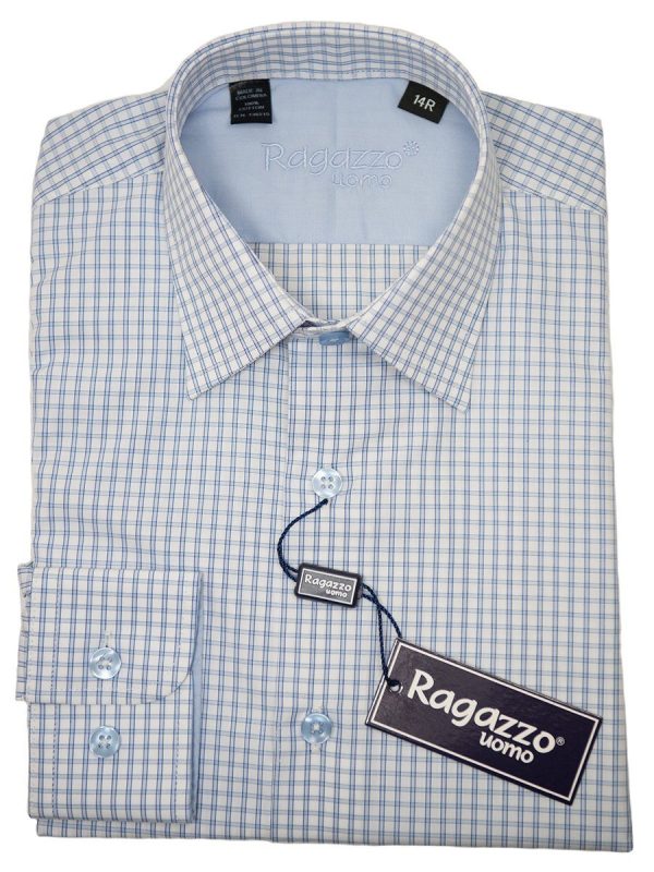 Ragazzo 26278  Boy s Sport Shirt - Cotton - Blue Check, Long Sleeve Online now