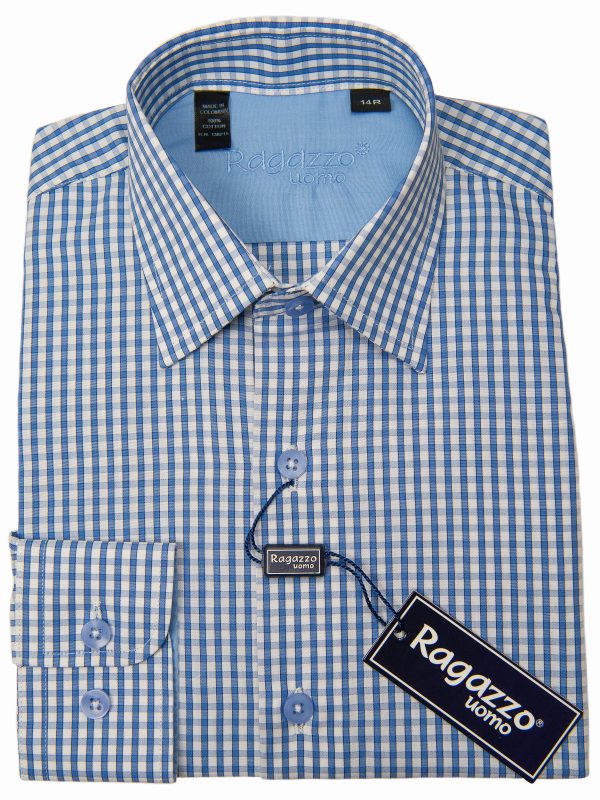 Ragazzo 28603 Boy s Dress Shirt - Check - Medium Blue on Sale