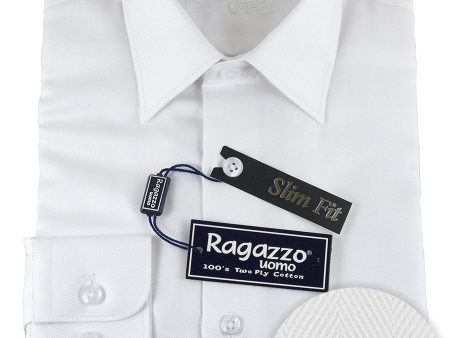 Ragazzo 25520 100% Cotton Boy s Dress Shirt - Slim Fit- Herringbone - White Cheap