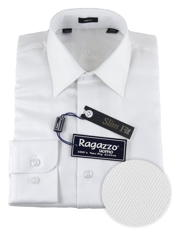 Ragazzo 25520 100% Cotton Boy s Dress Shirt - Slim Fit- Herringbone - White Cheap