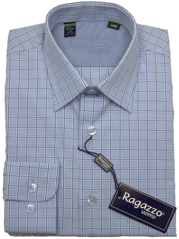 Ragazzo 24416 100% Cotton Boy s Dress Shirt - Plaid - Blue on Sale