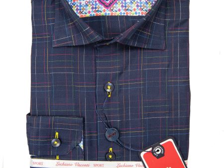 Luchiano Visconti 28718 Boy s Sport Shirt - Grid- Navy Hot on Sale