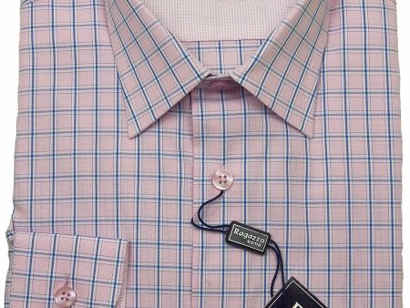 Ragazzo 24426 100% Cotton Boy s Dress Shirt - Plaid - Pink Discount