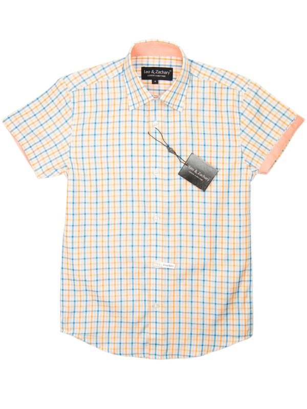 Leo & Zachary 28915 Boy s Short Sleeve Sport Shirt-Orange Blue-Plaid For Cheap