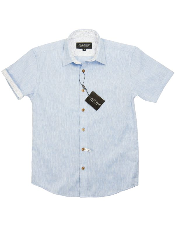 Leo & Zachary 28218 Boy s Short Sleeve Sport Shirt-Linen Look-Sky Blue Online now