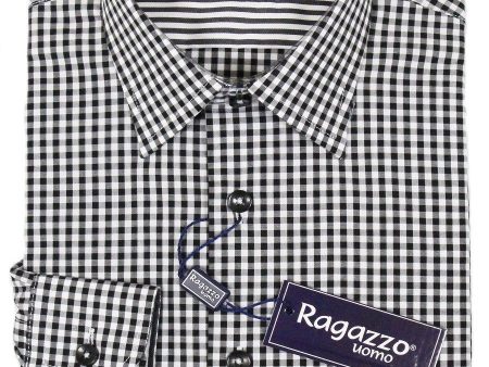 Ragazzo 23380 100% Cotton Boy s Dress Shirt - Plaid - Black and White Discount