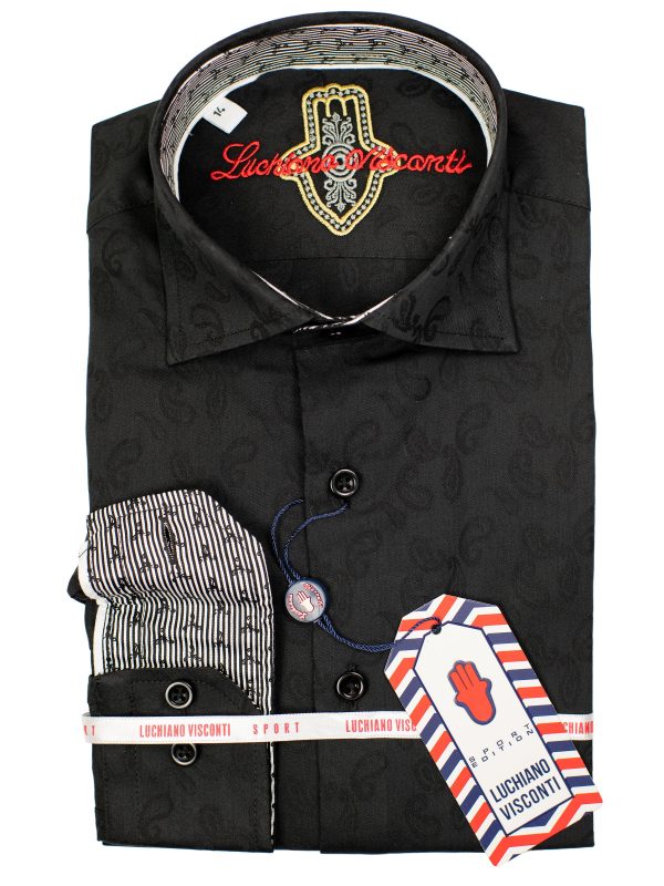 Luchiano Visconti Boy s Sport Shirt 30117 - Tonal Paisley - Black Sale