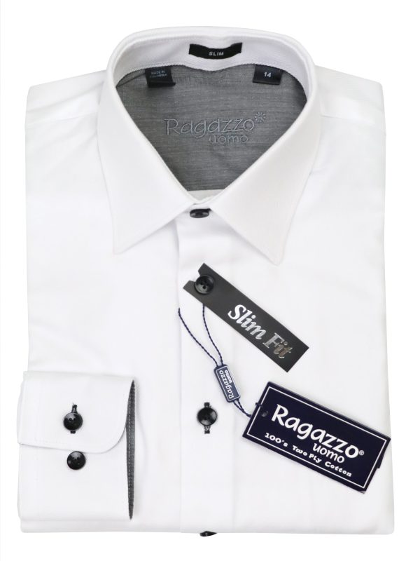 Ragazzo 37554 Boy s Dress Shirt - Diagonal Tonal Weave - Slim Fit - White Black Online