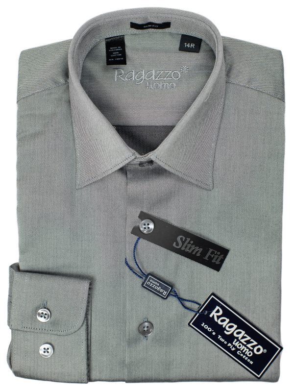 Ragazzo 30615 Boy s Slim Fit Dress Shirt - Tonal Herringbone - Grey on Sale