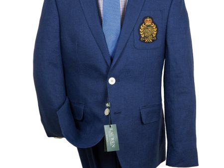 Lauren Ralph Lauren  28305 Boy s Suit Separate Jacket - Solid Linen with Crest- Blue Online Hot Sale