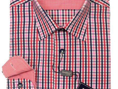 Ragazzo 20452 100% Cotton Boy s Sport Shirt - Plaid - Red Pink Navy, Modified Spread Collar Cheap