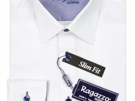 Ragazzo 37547 Boy s Dress Shirt - Diagonal Tonal Weave - Slim Fit - White Navy Fashion