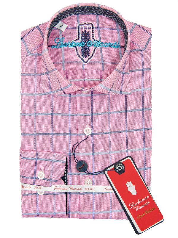 Luchiano Visconti 28726 Boy s Sport Shirt - Plaid - Pink For Sale