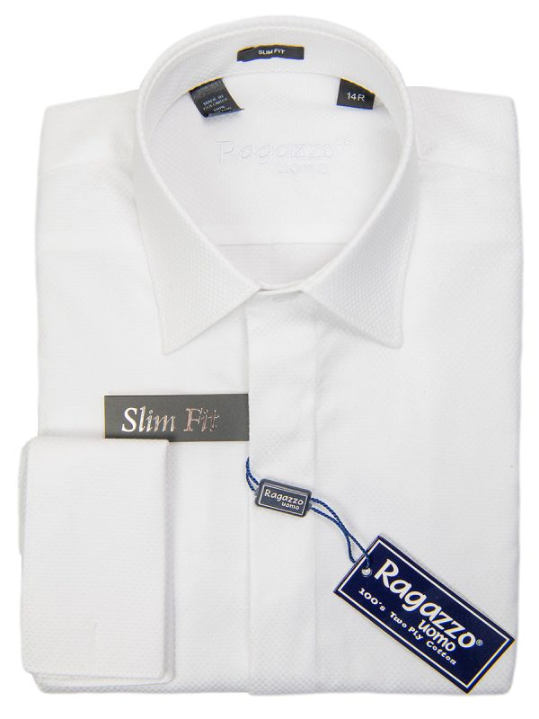 Ragazzo 29820 Boy s Dress Shirt - French Cuff - Slim Fit - Box Weave - White on Sale