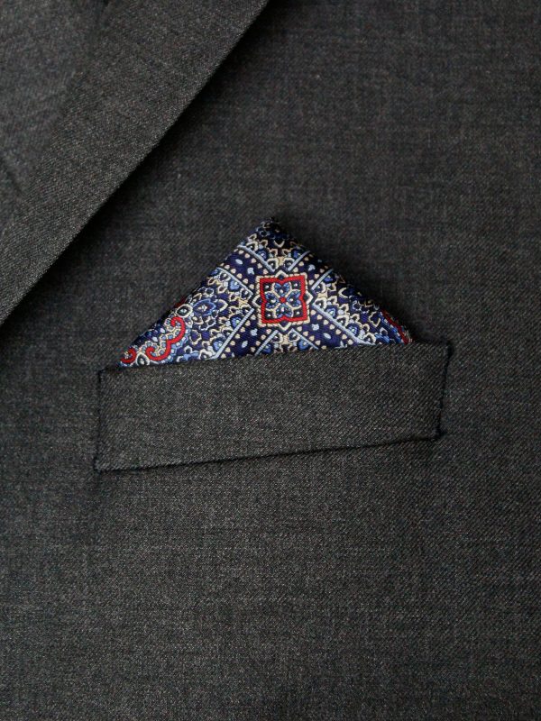 Heritage House Pocket Square 35276 - Medallion Window Pane - Red Navy on Sale