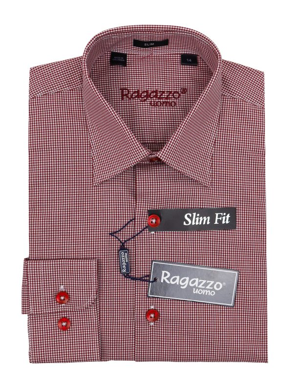 Ragazzo 34913 Boy s Slim Fit Dress Shirt - Check - Wine For Discount