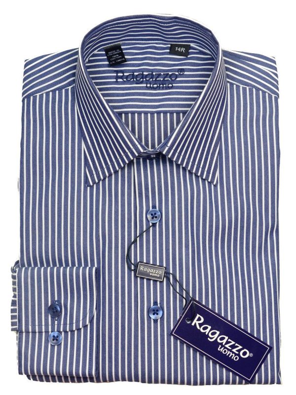 Ragazzo 20604 100% Brushed Cotton Boy s Dress Shirt - Stripe - Blue   White, Modified Spread Collar Supply