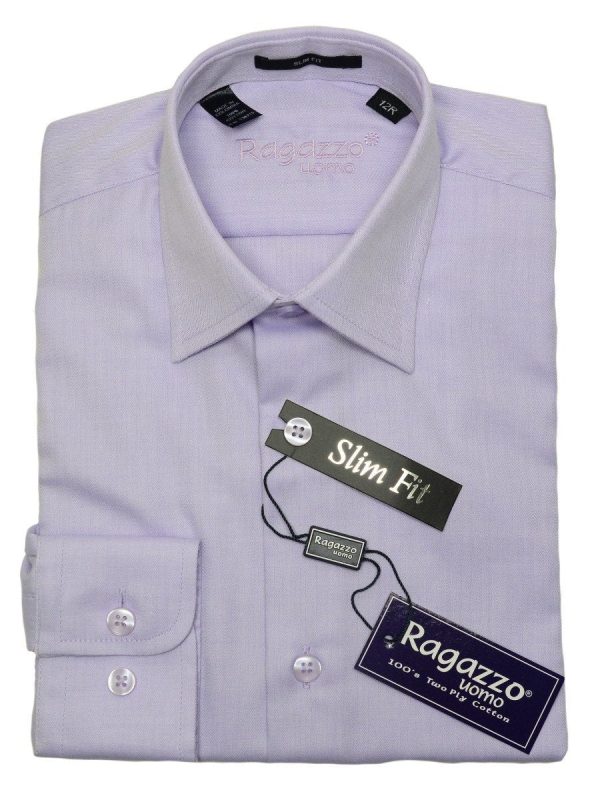 Ragazzo 20786 100% Cotton Boy s Slim Fit Dress Shirt - Tonal Herringbone - Lilac, Modified Spread Collar Fashion