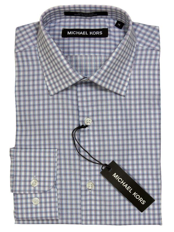 Michael Kors 21176 100% Cotton Boy s Dress Shirt - Plaid - Lilac White, Modified Spread Collar Fashion