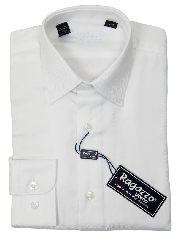 Ragazzo 20958 100% Cotton Boy s Dress Shirt - Tonal Herringbone - White For Sale