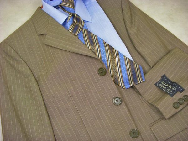 Perry Ellis 126 100% Wool Boy s Suit - Stripe - Khaki For Discount