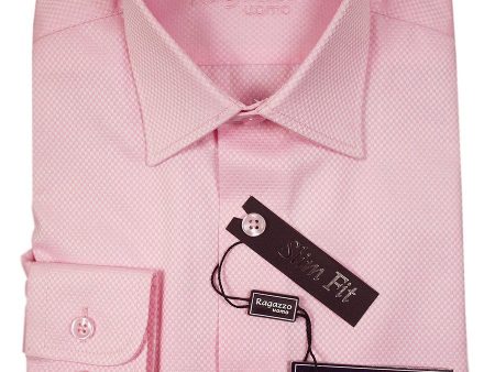 Ragazzo 21083 100% Cotton Boy s Dress Shirt - Box Weave - Pink, Skinny Slim Fit Supply