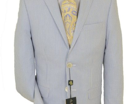 Lauren Ralph Lauren 18719 100% Cotton Boy s Suit Separate Jacket - Seersucker Stripe - Blue White Hot on Sale