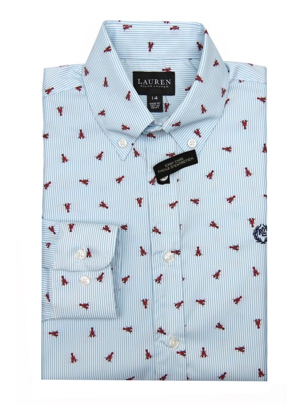 Lauren Ralph Lauren 33639 Boy s Dress Shirt- Stripe with Lobster Pattern - Blue White Online now