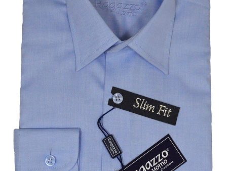 Ragazzo 21583 100% Cotton Slim Fit Boy s Dress Shirt - Herringbone - Sky Blue on Sale