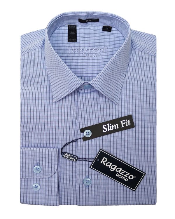 Ragazzo 33867 Boy s Slim Fit Dress Shirt -Check - Light Blue Sale