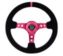 NRG Reinforced Steering Wheel (350mm  3in. Deep) Black Suede  Fushia Center Mark  Fushia Stitching Online Hot Sale