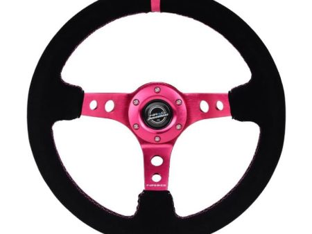 NRG Reinforced Steering Wheel (350mm  3in. Deep) Black Suede  Fushia Center Mark  Fushia Stitching Online Hot Sale