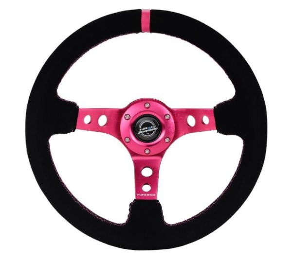 NRG Reinforced Steering Wheel (350mm  3in. Deep) Black Suede  Fushia Center Mark  Fushia Stitching Online Hot Sale